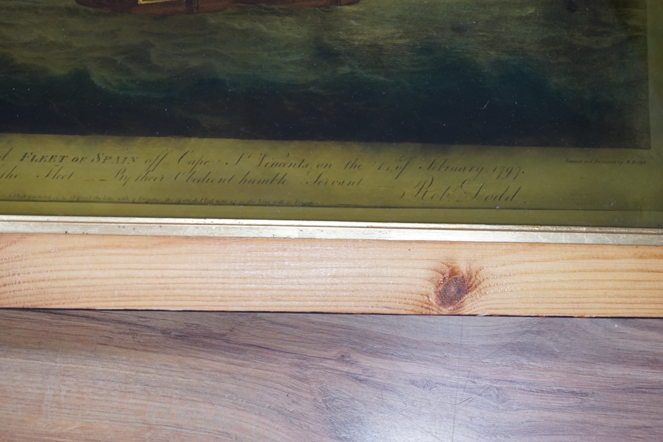 Robert Dodd (1748–1815), reverse glass painted print, ‘Action off Cape St. Vicent’, 58 x 88cm. Condition - fair